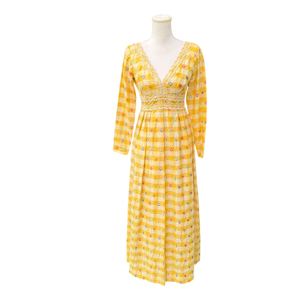 Lillie Rubin Yellow Gingham Embroidered Maxi Dress Long Sleeve V‎ Neck Size 4